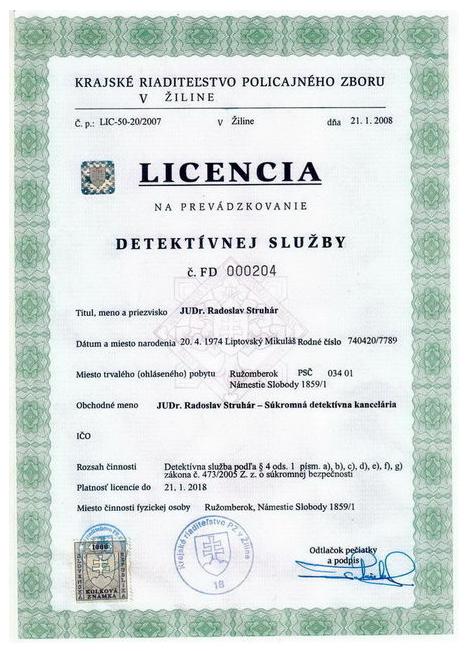 detektív Ružomberok - licencia na prevádzkovanie detektívnej služby