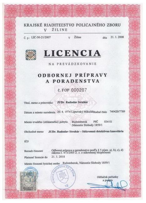 detektív Ružomberok - detektívna kancelária, licencia na prevádzkovanie odbornej prípravy a poradenstva